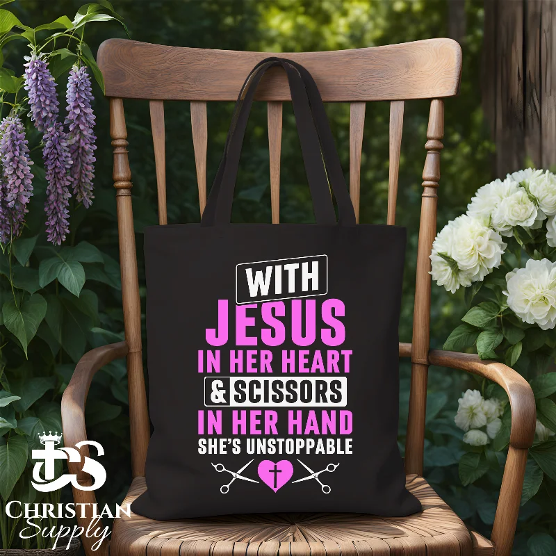 Medium - Sized Canvas Tote Bag in Navy Blue with Striped Pattern for a Nautical - Inspired LookWith Jesus In Her Heart And Scissors In Her Hand Hairstylist 2 Tote Bag