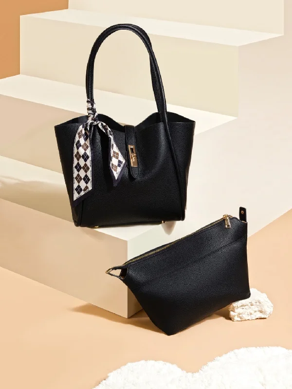 Faux Fur - Trimmed Tote Bag in White for a Cozy Winter LookWomen Black Solid Structured Oversized Tote Bag With Buckle Detail Faux Fur - Trimmed Tote Bag in White for a Cozy Winter LookWomen Black Solid Structured Oversized Tote Bag With Buckle Detail