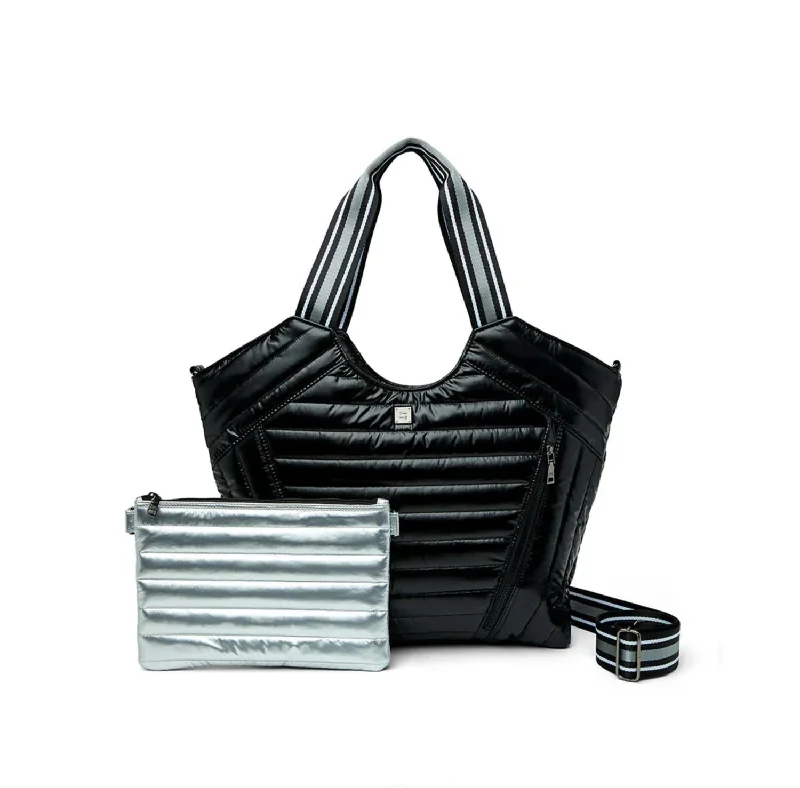 Geometric - Printed Tote Bag in Multicolor for a Contemporary and Trendy OutfitWomen's Tote Bag with Detachable Pouch in Purple for Added ConvenienceWomen's Puzzle Tote Bag In Shiny Black Geometric - Printed Tote Bag in Multicolor for a Contemporary and Trendy OutfitWomen's Tote Bag with Detachable Pouch in Purple for Added ConvenienceWomen's Puzzle Tote Bag In Shiny Black