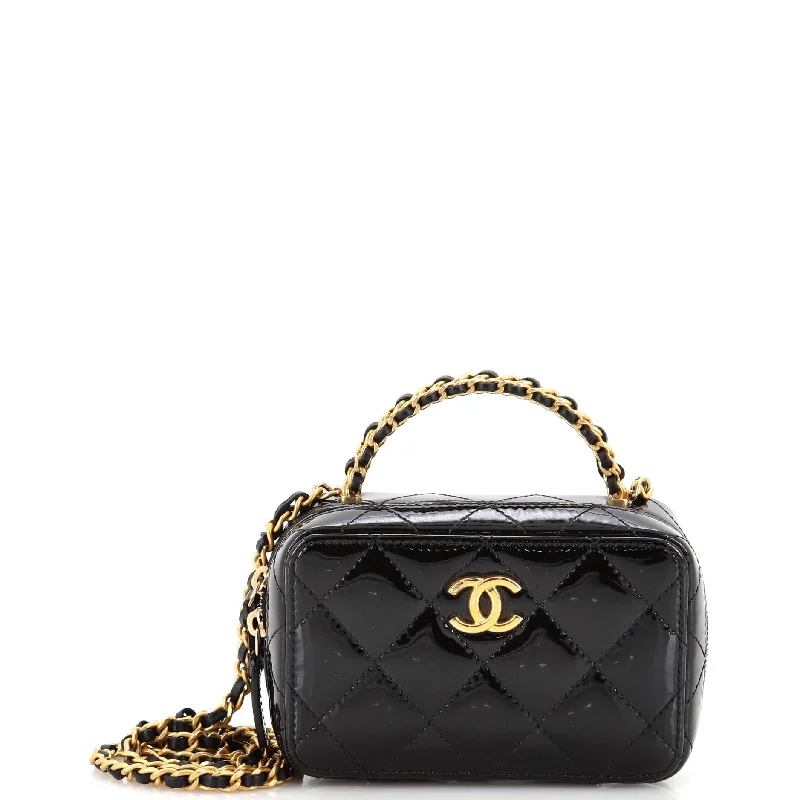 Leather Shoulder Bag with Magnetic Closure in Black for Quick AccessWoven Chain Top Handle Vanity Case Quilted Patent Mini