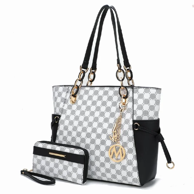 Large Capacity Genuine Leather Women's Tote Bag in Black for Work and CommutingXenia Circular Print Tote Bag with Wallet - 2 pieces