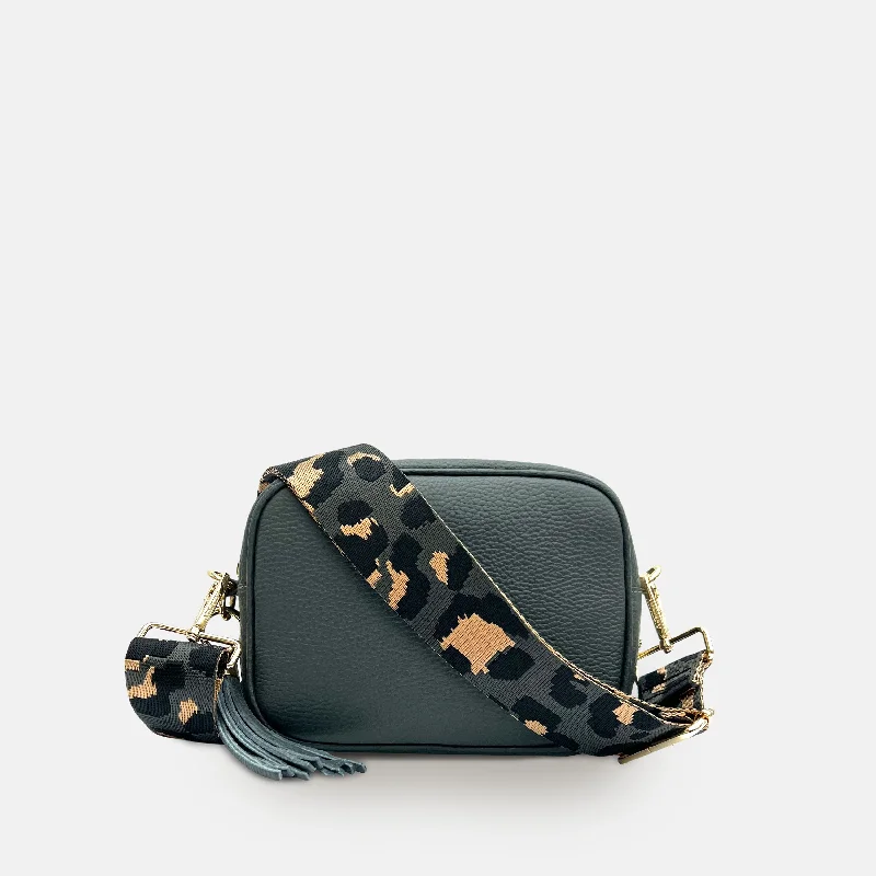 Leather - Trimmed Denim Crossbody Bag in Blue for a Vintage - Inspired LookDark Grey Leather Crossbody Bag With Grey Leopard Strap