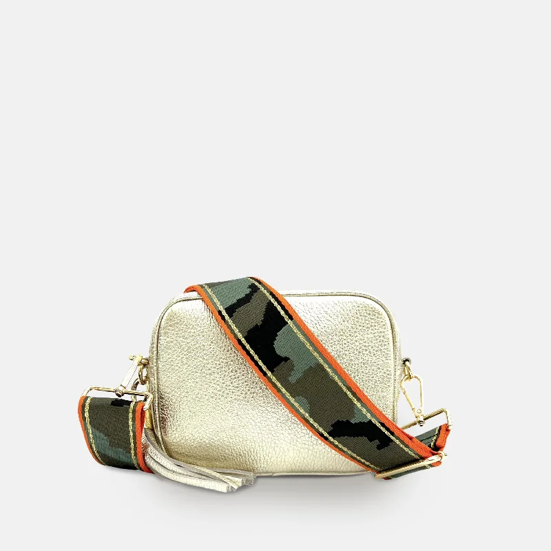 Women's Crossbody Bag with Chain Strap in Gold for a Glamorous TouchGold Leather Crossbody Bag With Orange & Gold Stripe Camo Strap Women's Crossbody Bag with Chain Strap in Gold for a Glamorous TouchGold Leather Crossbody Bag With Orange & Gold Stripe Camo Strap