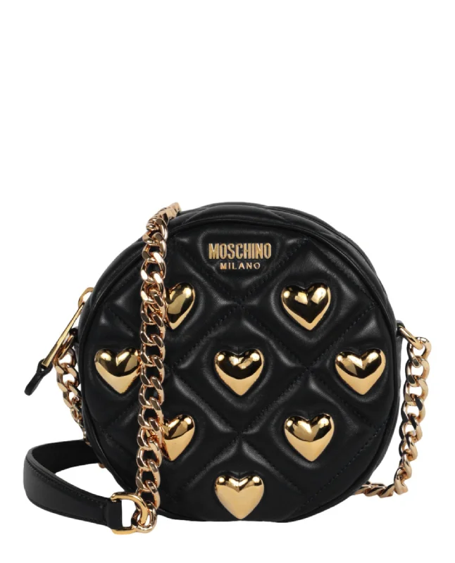 Women's Small Leather Crossbody Bag in Black with Gold Hardware for Evening PartiesHeart Studs Quilted Shoulder Bag Women's Small Leather Crossbody Bag in Black with Gold Hardware for Evening PartiesHeart Studs Quilted Shoulder Bag