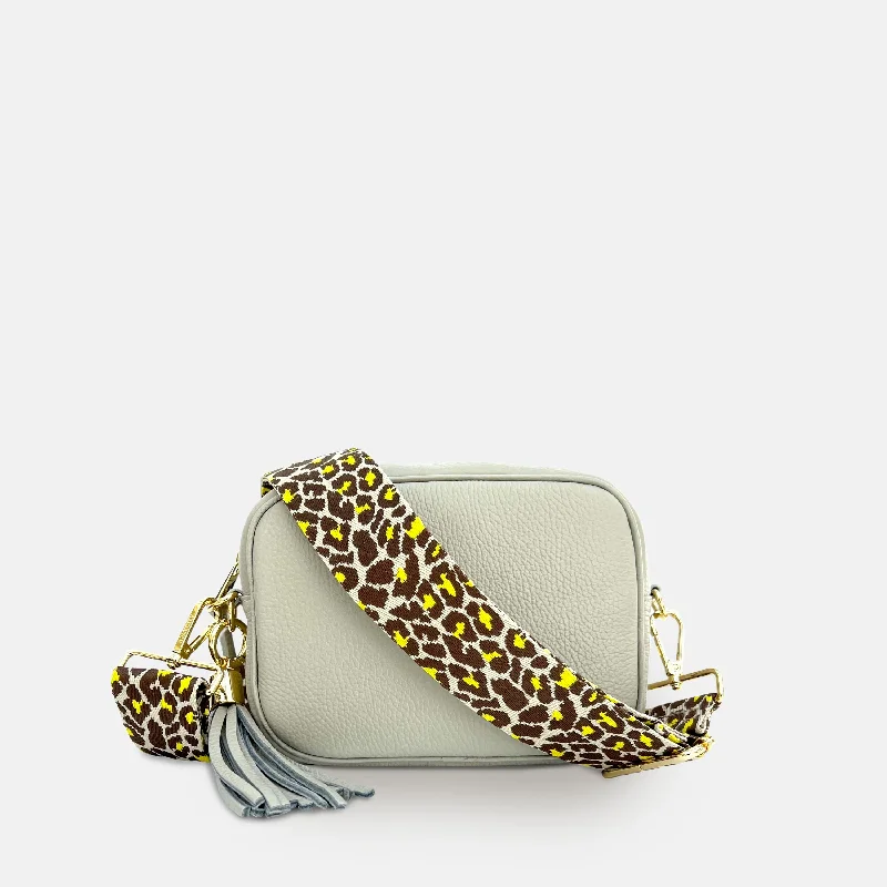 Straw Crossbody Bag in Natural Color for Beach Vacations and Summer DaysLight Grey Leather Crossbody Bag With Lemon Cheetah Strap Straw Crossbody Bag in Natural Color for Beach Vacations and Summer DaysLight Grey Leather Crossbody Bag With Lemon Cheetah Strap