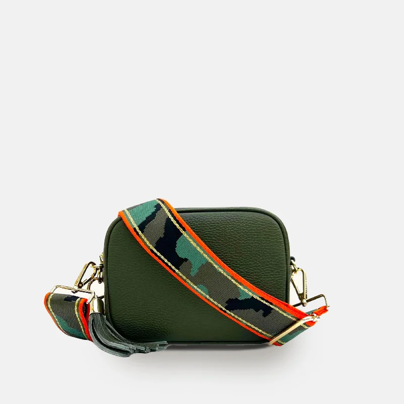 Women's Small Leather Crossbody Bag in Black with Gold Hardware for Evening PartiesOlive Green Leather Crossbody Bag With Orange & Gold Stripe Camo Strap Women's Small Leather Crossbody Bag in Black with Gold Hardware for Evening PartiesOlive Green Leather Crossbody Bag With Orange & Gold Stripe Camo Strap