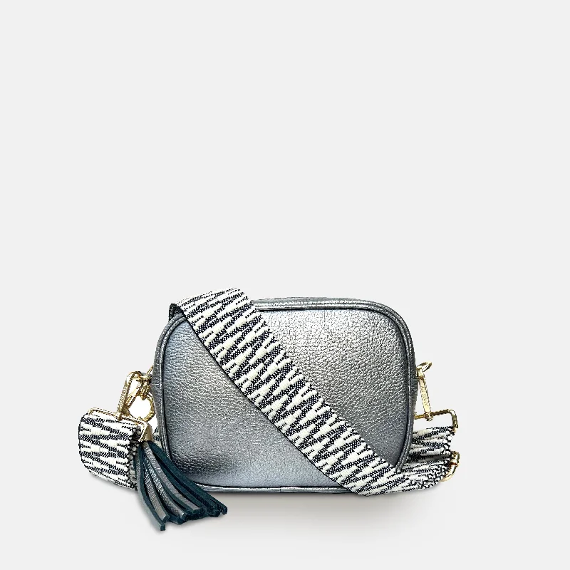 Medium - sized Canvas Crossbody Bag in Beige with Floral Print for Spring OutingsPewter Leather Crossbody Bag With Midnight Zigzag Strap