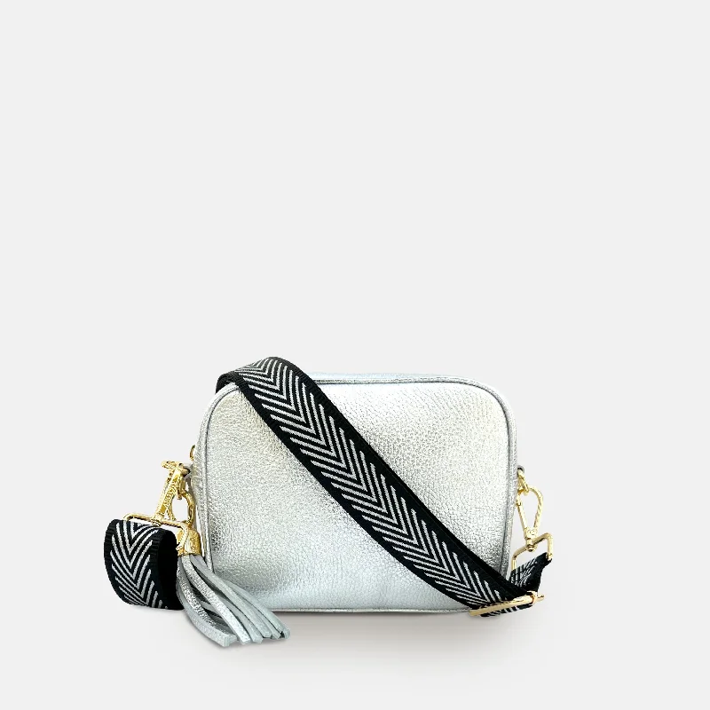 Women's Crossbody Bag with Chain Strap in Gold for a Glamorous TouchSilver Leather Crossbody Bag With Black & Silver Chevron Strap Women's Crossbody Bag with Chain Strap in Gold for a Glamorous TouchSilver Leather Crossbody Bag With Black & Silver Chevron Strap