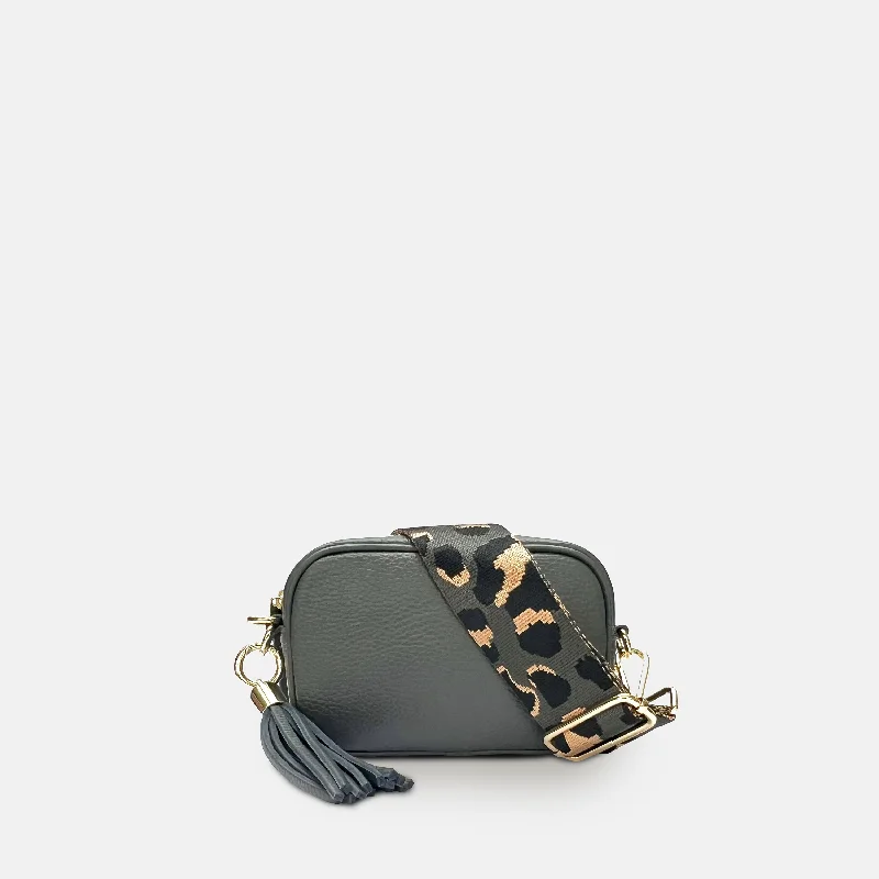 Large Faux Leather Crossbody Bag in Brown with Tassel Details for Casual TravelThe Mini Tassel Dark Grey Leather Phone Bag With Grey Leopard Strap