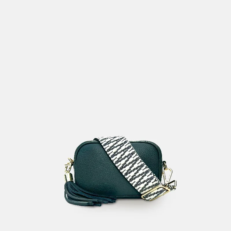 Women's Small Leather Crossbody Bag in Black with Gold Hardware for Evening PartiesThe Mini Tassel Dark Grey Leather Phone Bag With Midnight Zigzag Strap