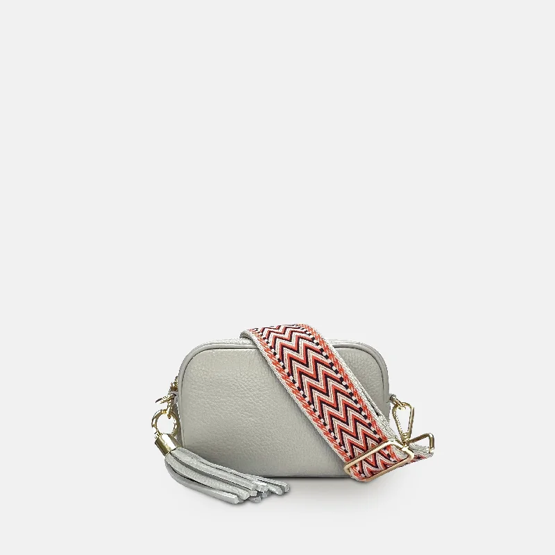 Women's Crossbody Bag with Multiple Compartments in Gray for Organized Daily UseThe Mini Tassel Light Grey Leather Phone Bag With Grey Boho Strap