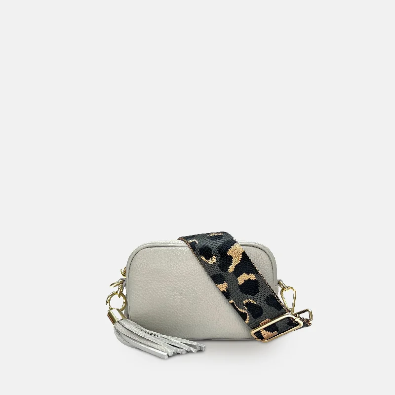 Women's Mini Crossbody Bag in Pink Velvet with Rhinestone Accents for Girls' Nights OutThe Mini Tassel Light Grey Leather Phone Bag With Grey Leopard Strap