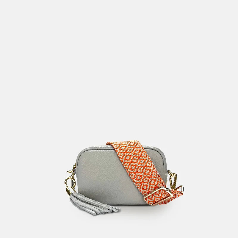 Leather - Trimmed Denim Crossbody Bag in Blue for a Vintage - Inspired LookThe Mini Tassel Light Grey Leather Phone Bag With Orange Cross-Stitch Strap