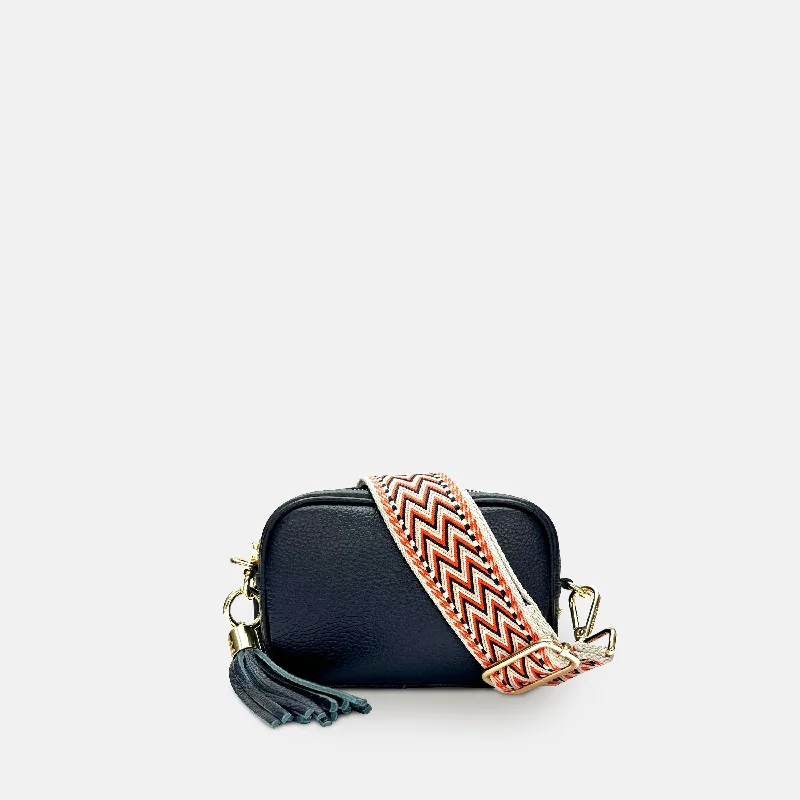 Women's Crossbody Bag with Chain Strap in Gold for a Glamorous TouchThe Mini Tassel Navy Leather Phone Bag With Grey Boho Strap Women's Crossbody Bag with Chain Strap in Gold for a Glamorous TouchThe Mini Tassel Navy Leather Phone Bag With Grey Boho Strap