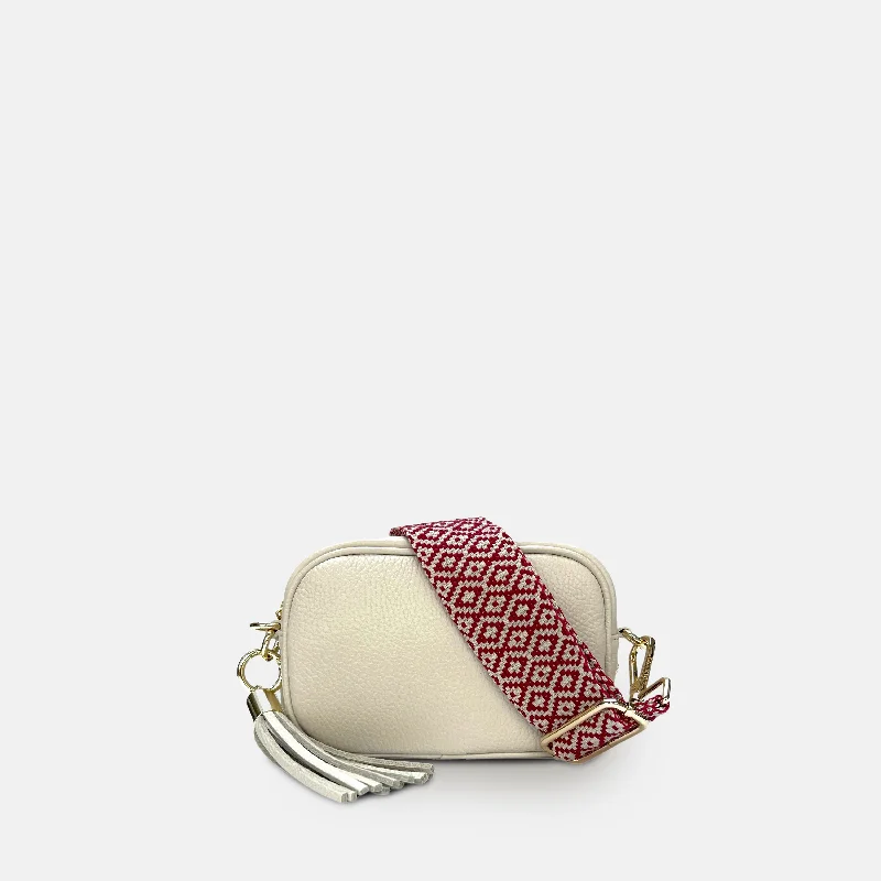 Medium - sized Canvas Crossbody Bag in Beige with Floral Print for Spring OutingsThe Mini Tassel Stone Leather Phone Bag With Red Cross-Stitch Strap