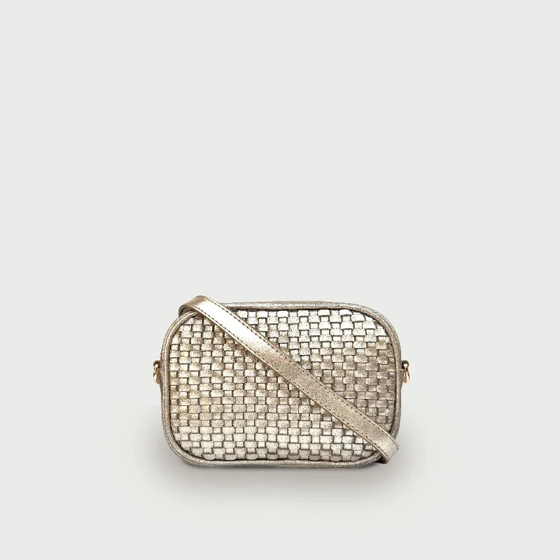Women's Crossbody Bag with Multiple Compartments in Gray for Organized Daily UseThe Penelope Gold Woven Leather Camera Bag Women's Crossbody Bag with Multiple Compartments in Gray for Organized Daily UseThe Penelope Gold Woven Leather Camera Bag
